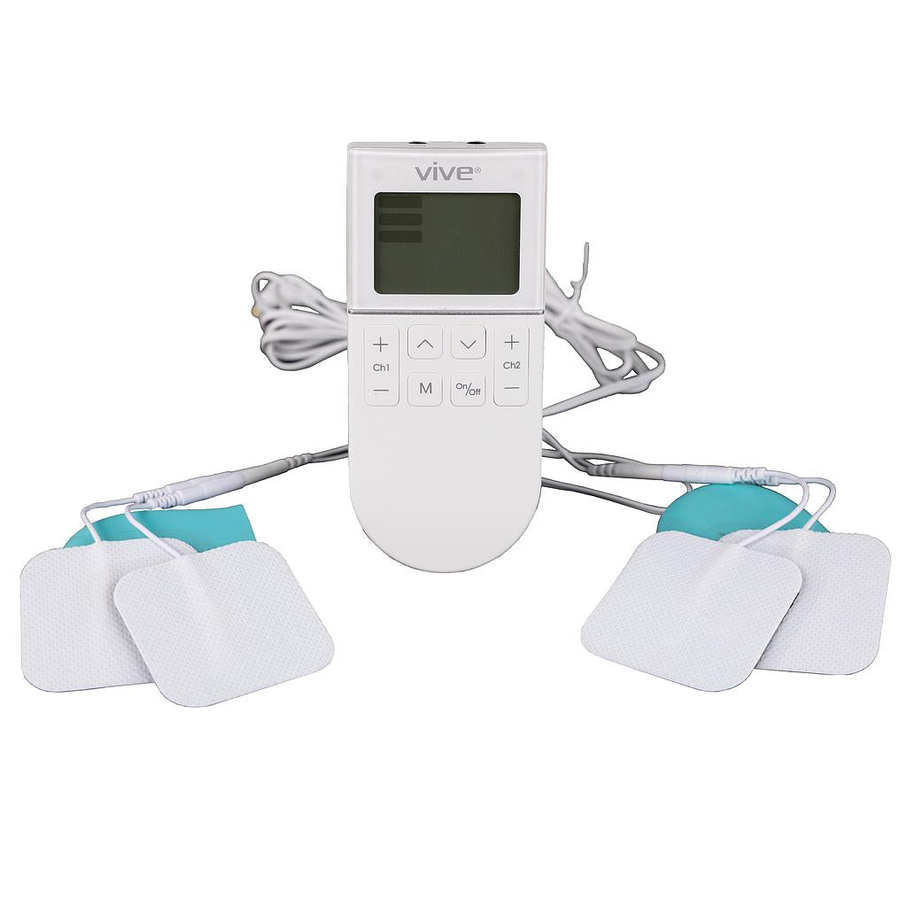 Electrotherapy device with control panel and electrodes on a white background