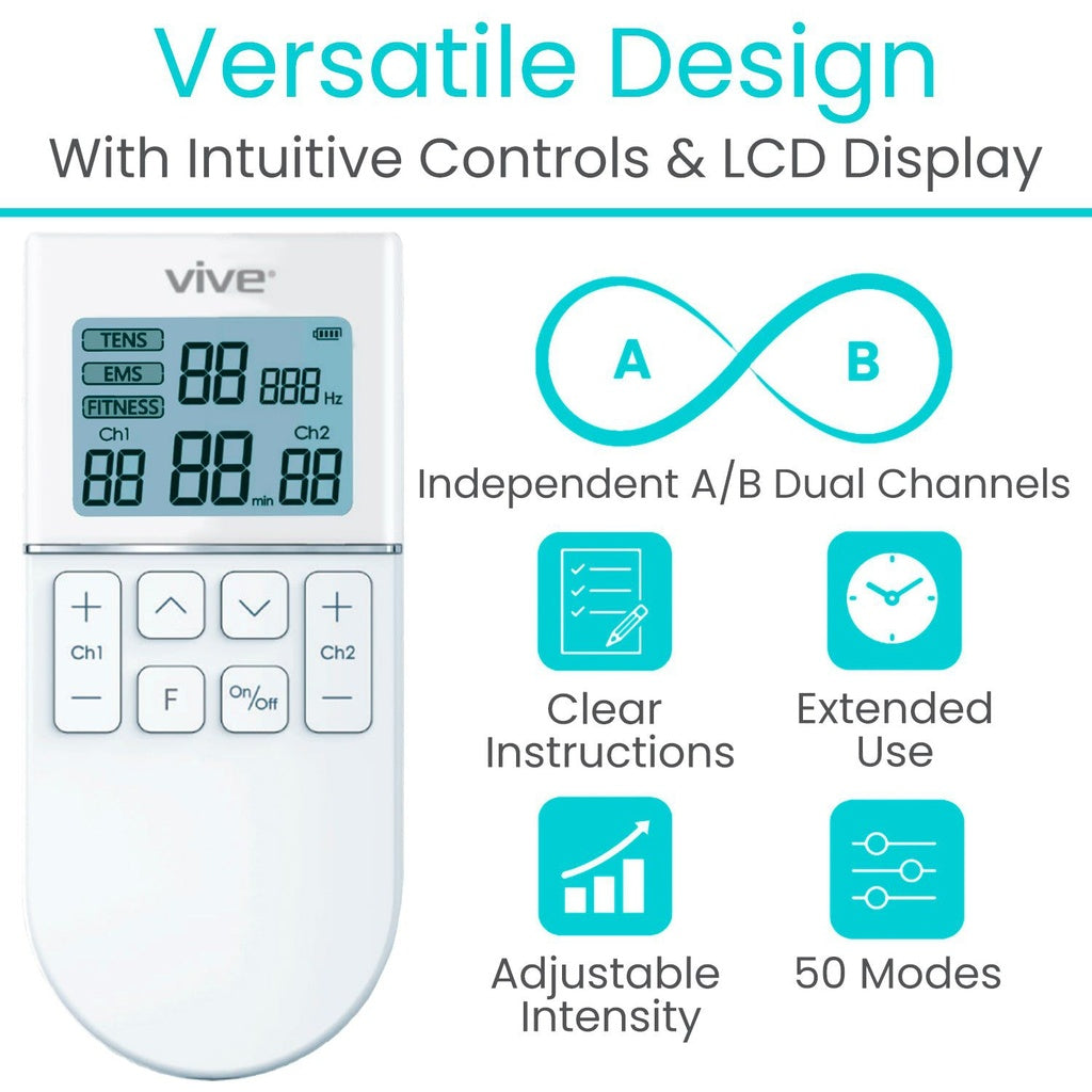 Vive electronic device with digital display and control buttons, featuring text on a white background.