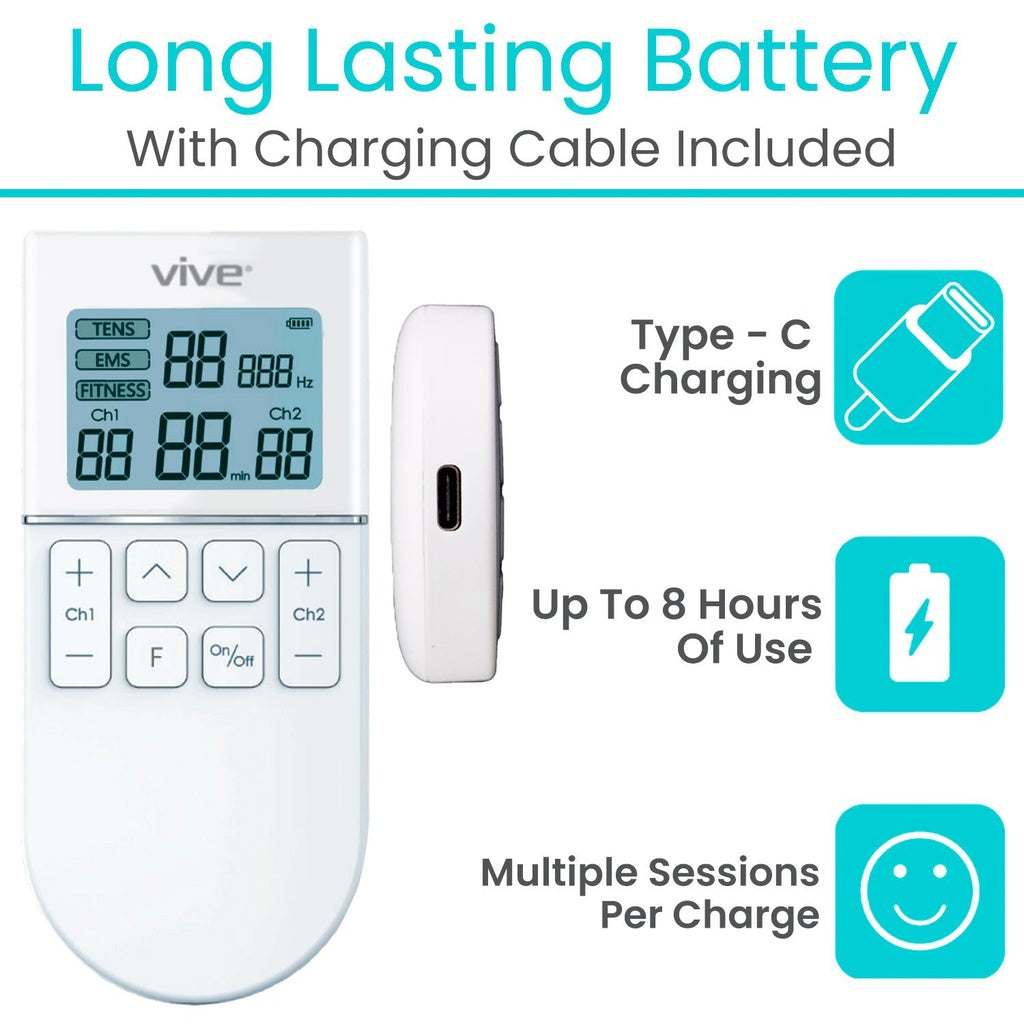 Vive electronic device with digital display and charging cable, featuring text about battery life and charging.