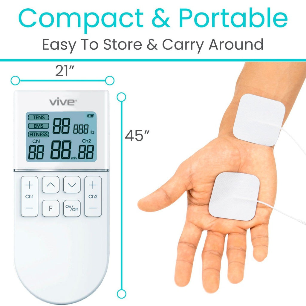 Vive electronic device with digital display on a white background, showing dimensions and usage on a hand.
