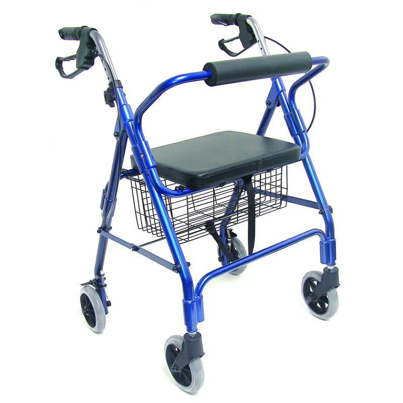 A blue metal rollator walker with a black seat cushion, black arm grips, a front wire basket, and four wheels, photographed on a plain white background.