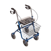 Blue steel rollator with tray