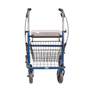 A blue and silver rollator walker with a front wire basket, a clear plastic seat tray, and two handlebars with armrests, shown against a plain white background.