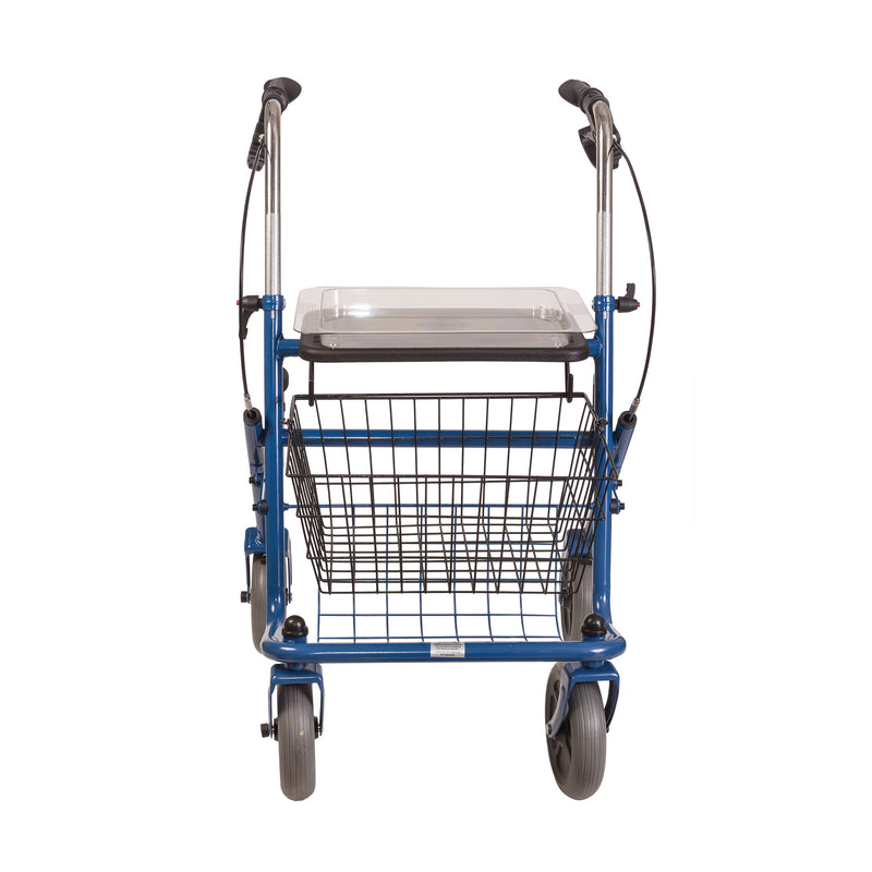 A blue and silver rollator walker with a front wire basket, a clear plastic seat tray, and two handlebars with armrests, shown against a plain white background.