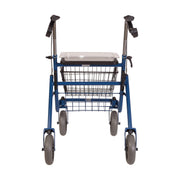 A blue shopping cart walker with a wire basket, four wheels, and black handlebars, shown from a front-facing perspective on a white background.