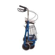 Blue steel rollator folded up