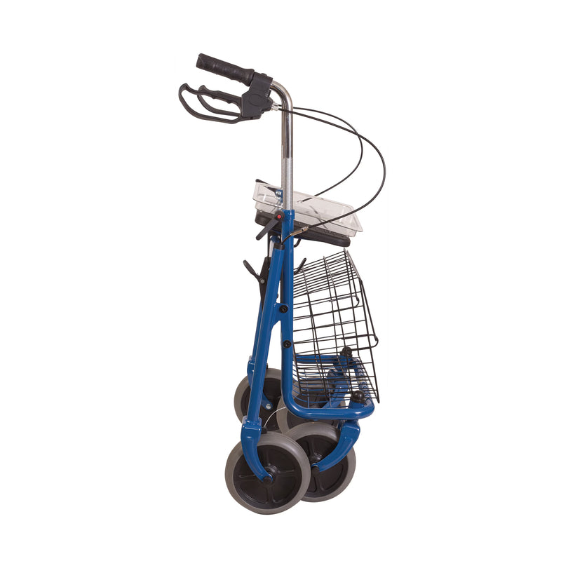 Blue steel rollator folded up