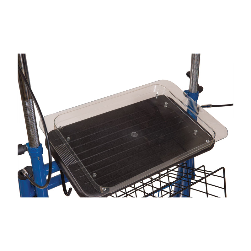 Blue steel rollator tray close up 
