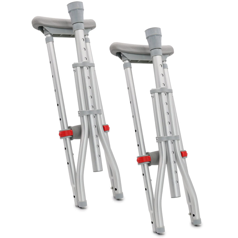 Two adjustable aluminum crutches with gray pads and red adjustment knobs, shown on a plain white background.