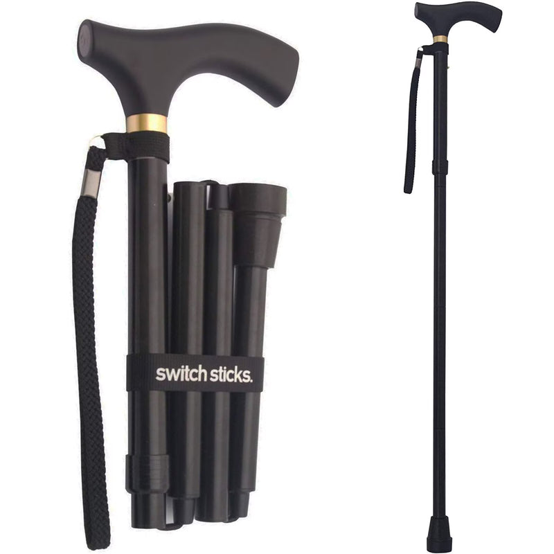 Collapsible walking cane with adjustable height on a white background, branded 'switch sticks'.