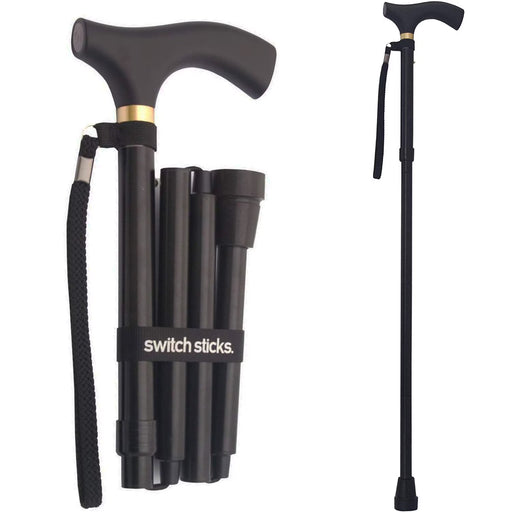 Collapsible walking cane with adjustable height on a white background, branded 'switch sticks'.