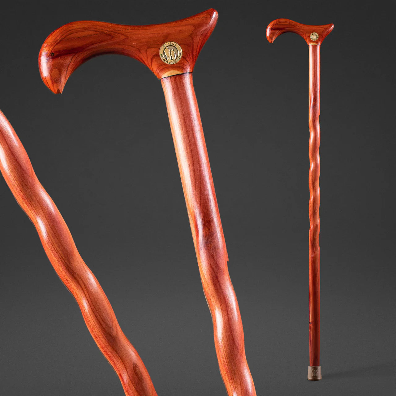 Wooden walking cane with decorative handle on a dark background
