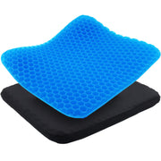 A bright blue gel lumbar support cushion with a honeycomb texture, shown partially resting on top of a black padded seat cushion against a plain white background.