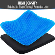 A blue high-density gel mattress topper with a honeycomb pattern, shown resting on top of a black mattress or cushion. The top of the image features a dark gray banner with the text 'HIGH DENSITY Retains Its Shape Through Repeated Use'.