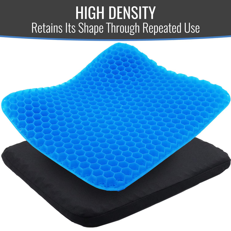 A blue high-density gel mattress topper with a honeycomb pattern, shown resting on top of a black mattress or cushion. The top of the image features a dark gray banner with the text 'HIGH DENSITY Retains Its Shape Through Repeated Use'.