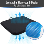 A black breathable mesh seat cushion with blue airflow graphics and a circular inset showing a blue honeycomb texture, with text reading 'Breathable Honeycomb Design For Ultimate Airflow'.