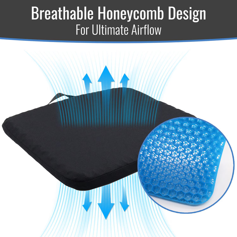 A black breathable mesh seat cushion with blue airflow graphics and a circular inset showing a blue honeycomb texture, with text reading 'Breathable Honeycomb Design For Ultimate Airflow'.