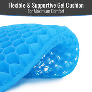 A bright blue honeycomb gel cushion shown rolled up on a white background, with a dark gray banner at the top reading 'Flexible & Supportive Gel Cushion For Maximum Comfort'.