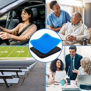 A collage showing a blue and black contoured memory foam car seat pad in a circular inset, with surrounding lifestyle scenes including a woman driving, a caregiver visiting an elderly man, stadium seating, and a business meeting.