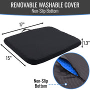 Black seat cushion with dimensions and non-slip bottom feature on a white background