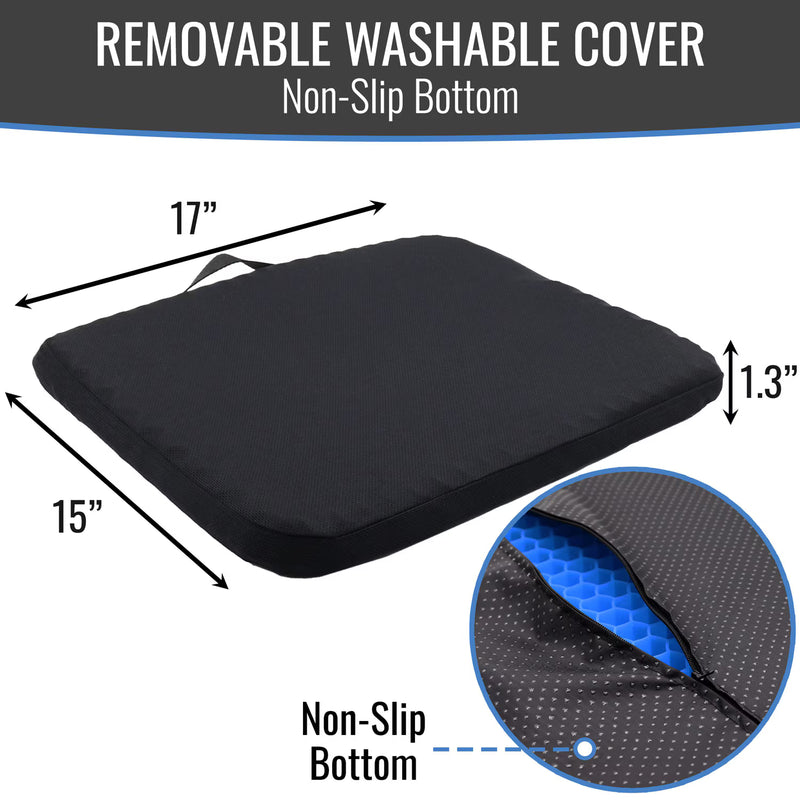 Black seat cushion with dimensions and non-slip bottom feature on a white background