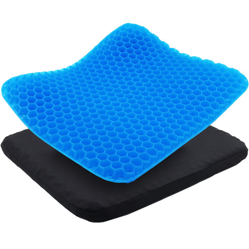 A bright blue gel lumbar support cushion with a honeycomb texture, shown partially resting on top of a black padded seat cushion against a plain white background.