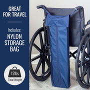Blue storage bag attached to a wheelchair with text indicating it's great for travel and includes a nylon storage bag.