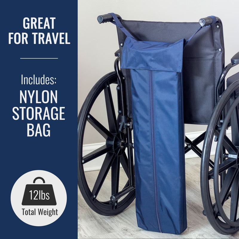 Blue storage bag attached to a wheelchair with text indicating it's great for travel and includes a nylon storage bag.