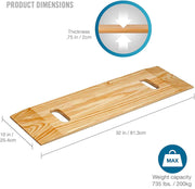 Product dimensions diagram for a wooden board with two cutout handles, showing a 32-inch by 10-inch size and weight capacity of 735 lbs.