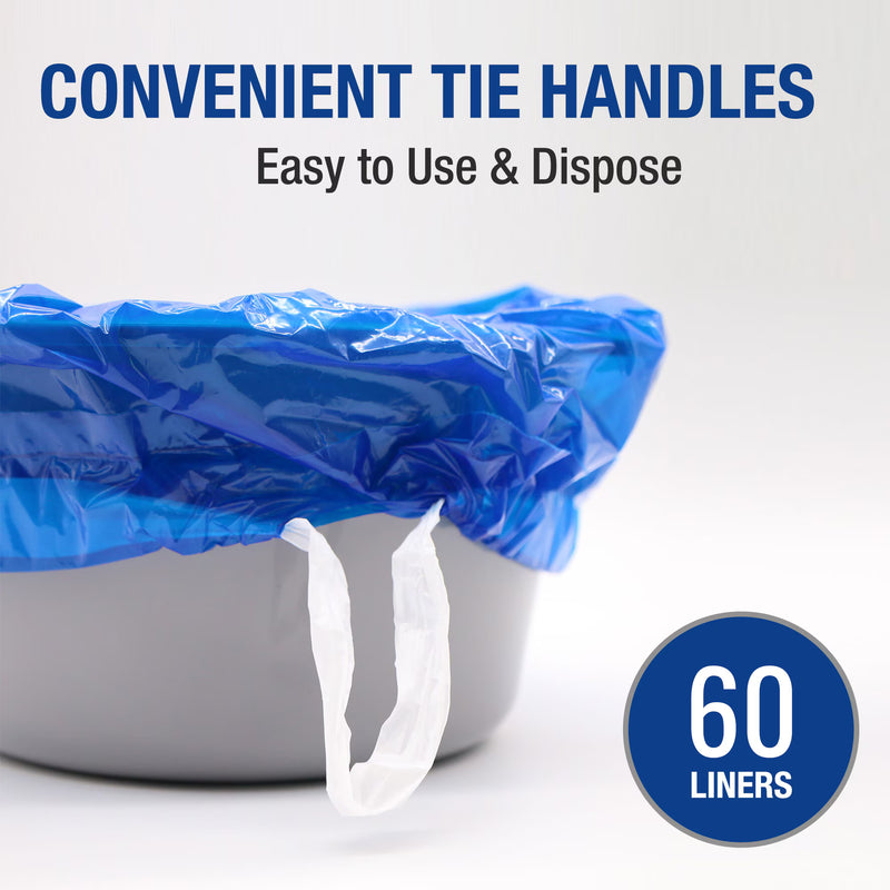 Blue plastic bag with tie handles over a trash bin, labeled 'Convenient Tie Handles' and '60 Liners'.