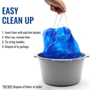 A blue reusable plastic liner is being held over a gray bucket by a hand, with text reading 'EASY CLEAN UP' and step-by-step cleaning instructions on a white background.