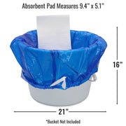 An absorbent pad liner in blue and white shown inside a bucket, with measurement labels indicating the pad measures 9.4 x 5.