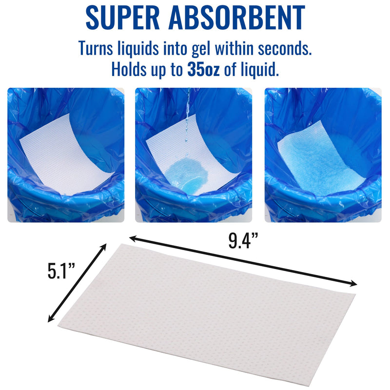 An absorbent white pad shown on a white background with text reading 'SUPER ABSORBENT' and three inset blue examples of liquid absorption. The pad dimensions are labeled 9.