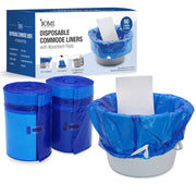 SDMI disposable commode liners with absorbent pads, shown with two rolled blue liners, one liner draped over a bucket, and the retail box on a white background.