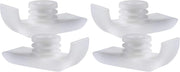 Two white plastic wing nuts on a light gray background