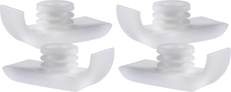 Two white plastic wing nuts on a light gray background