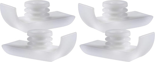 Two white plastic wing nuts on a light gray background