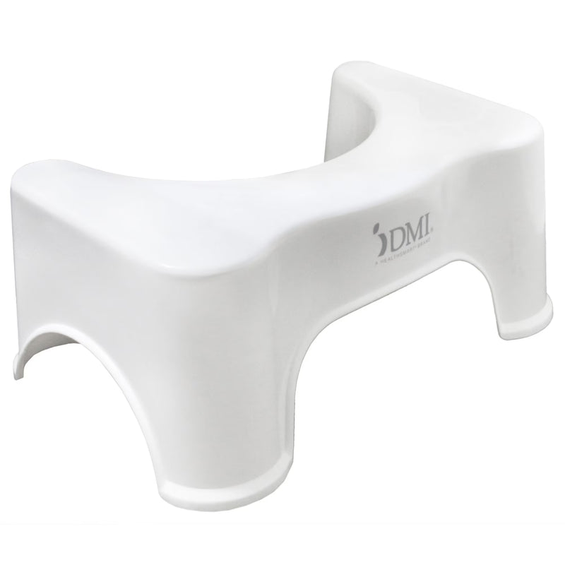 White molded toilet stool with a gray DMI logo printed on the side, shown on a solid white background.