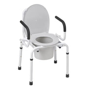 A white metal portable commode chair with a matching white seat lid, white bucket, and black armrests, shown on a plain white background.