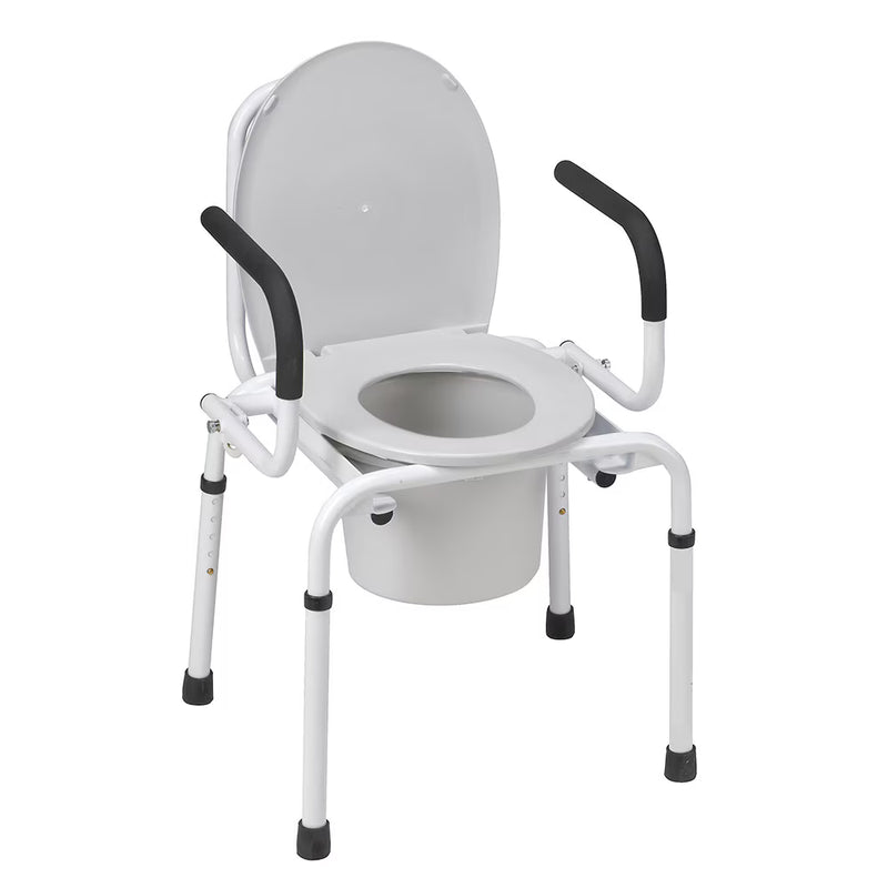 A white metal portable commode chair with a matching white seat lid, white bucket, and black armrests, shown on a plain white background.