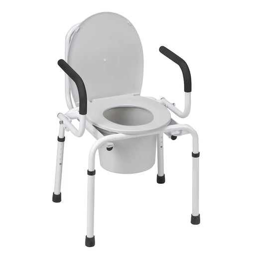 A white metal portable commode chair with a matching white seat lid, white bucket, and black armrests, shown on a plain white background.