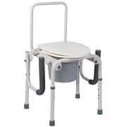 A white and gray portable commode chair with a seat, backrest, and bucket, shown on a plain white background.