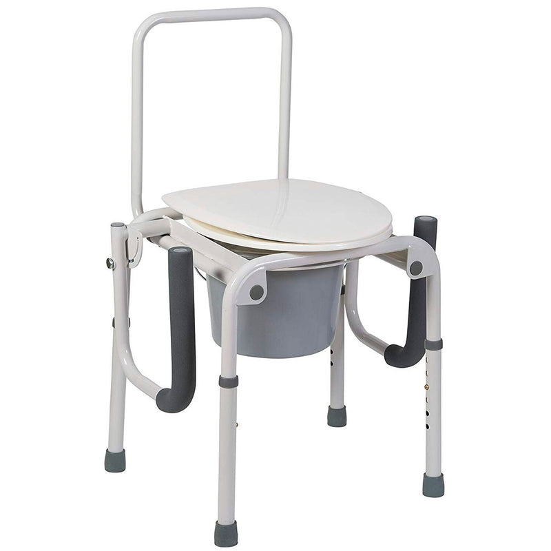 A white and gray portable commode chair with a seat, backrest, and bucket, shown on a plain white background.