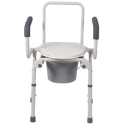 A white and gray portable commode chair with a seat, backrest, armrests, and a bucket, shown on a plain white background.
