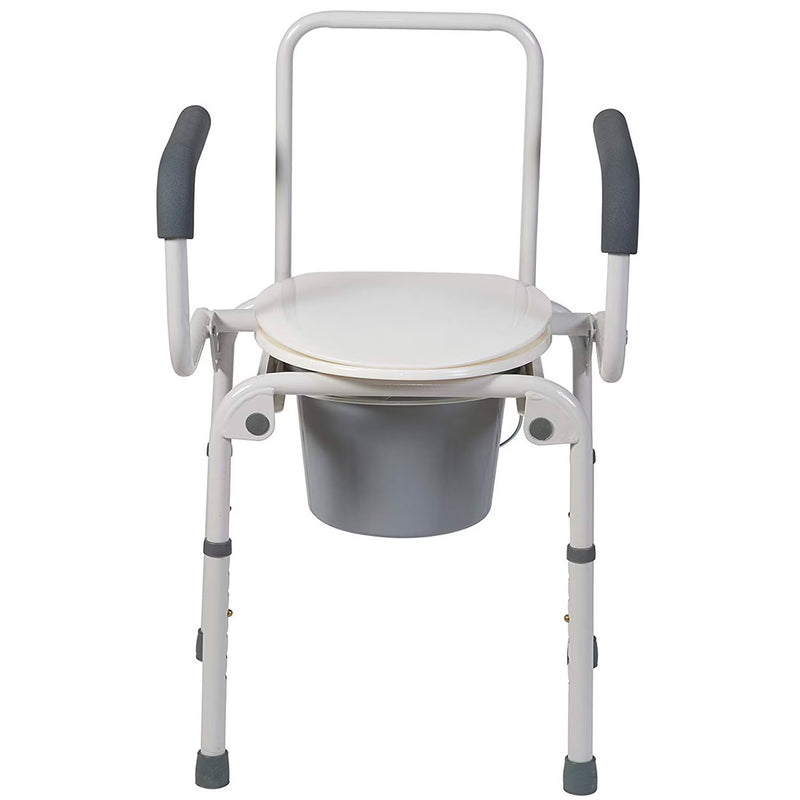 A white and gray portable commode chair with a seat, backrest, armrests, and a bucket, shown on a plain white background.