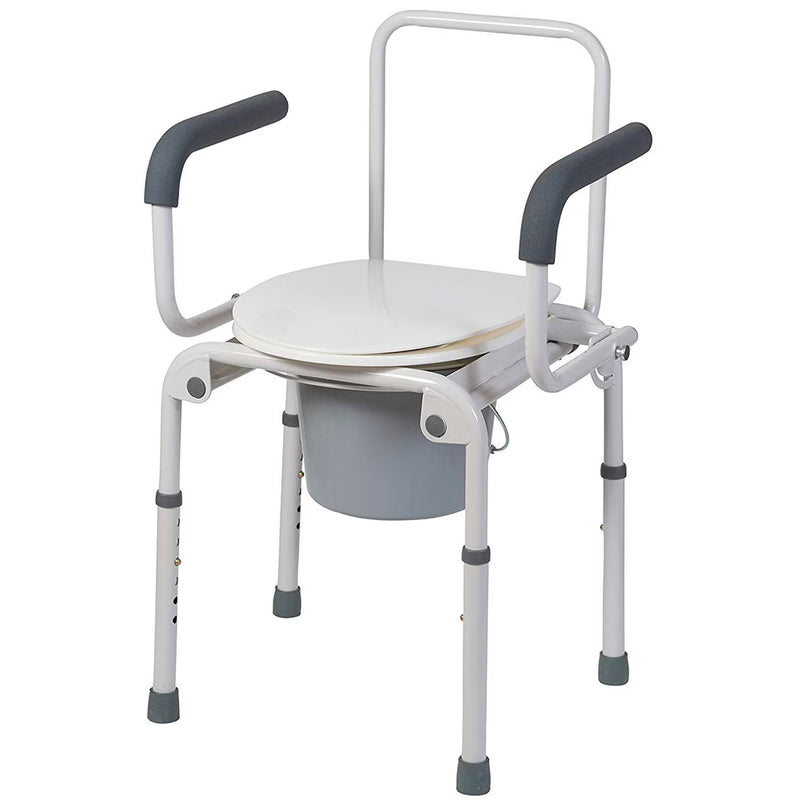 Medical commode chair with white seat and gray legs on a white background