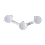 Three white spherical objects connected by a central rod on a white background