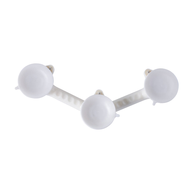 Three white spherical objects connected by a central rod on a white background