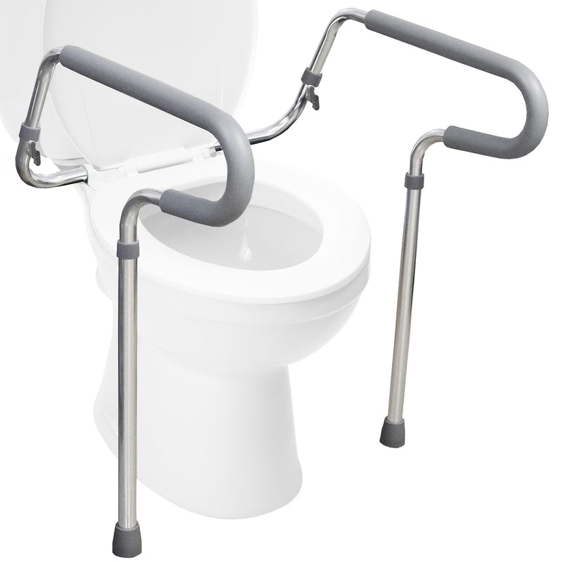 A pair of silver metal toilet safety grabber bars with gray foam padding, shown installed on a white toilet against a plain white background.