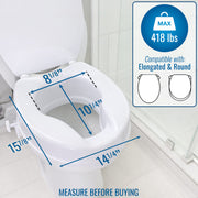 A white toilet seat and bowl shown with overlaid measurement arrows and dimensions for width, depth, and front-to-back length, plus a blue compatibility badge reading MAX 418 lbs and Compatible with: Elongated & Round. Text at the bottom says MEASURE BEFORE BUYING.